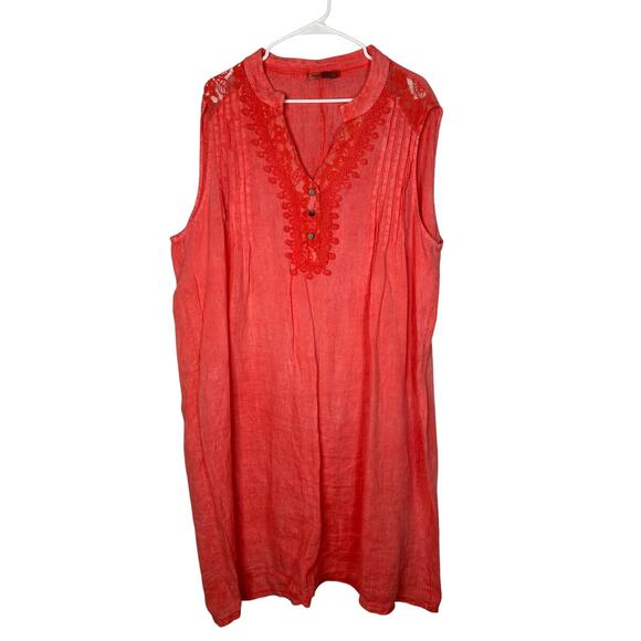 Nordstrom 1X Alessia Pacini 100% Italian Linen Dress Sleeveless Lace Coral Pink - Picture 2 of 7